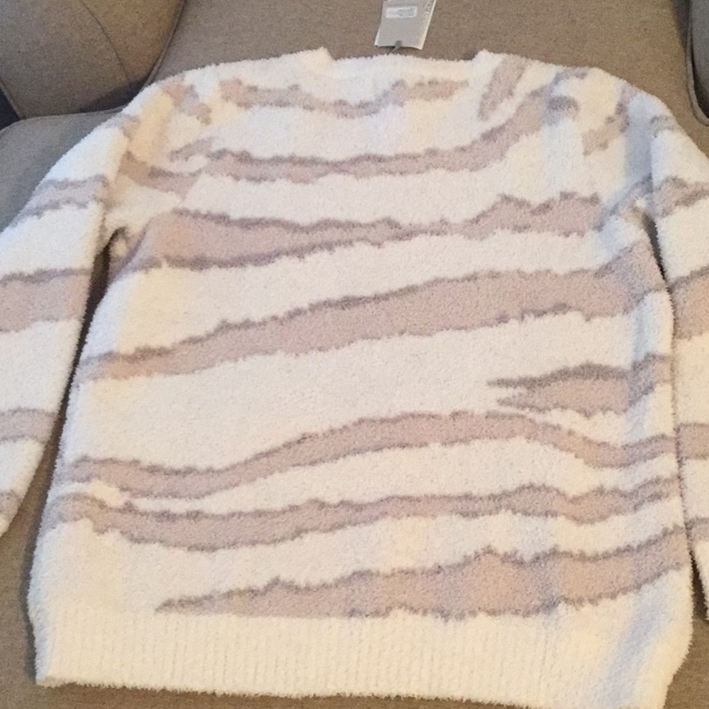 Barefoot Dreams Cozychic Seaside Crewneck Pullover in Cream Zebra Size Large NWT - Picture 5 of 5